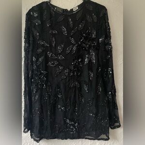 Vintage Black Bleaded 100% silk lined long sleeve cocktail dress/tunic; size M